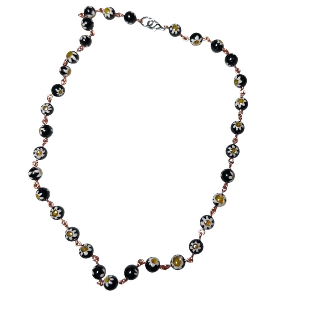 Floral necklace handmade glass beads copper wire black and yellow